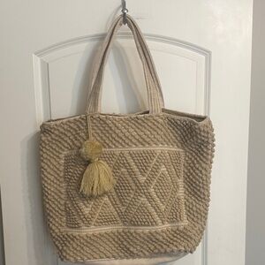 Textured Tan Tote Bag with Tassel